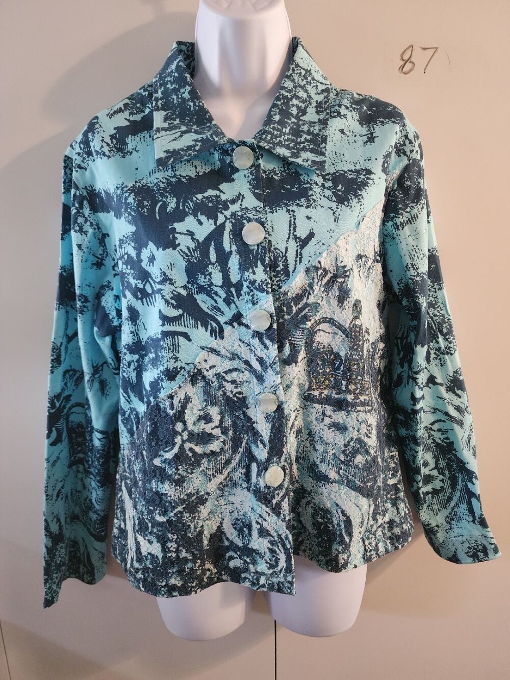 Vintage Y2K Great Cavalier Womens Small Aqua Blue Tapestry Toile Button Jacket